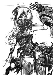  1girl armor armpits ascot cannon kantai_collection long_hair miso_dengaku_(donadonaton) monochrome ne-class_heavy_cruiser one_eye_covered simple_background sketch solo thigh-highs white_background zettai_ryouiki 