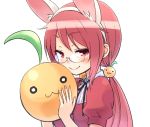  1girl :3 animal_ears blush character_request food fruit glasses hair_ornament kuinji_51go long_hair looking_at_viewer orange rabbit_ears red_eyes redhead smile twintails 