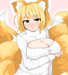  1girl alternate_costume animal_ears blonde_hair blush breast_lift breasts cleavage cleavage_cutout fox_ears fox_tail karatakewari large_breasts long_sleeves looking_at_viewer multiple_tails open-chest_sweater ribbed_sweater solo sweater tail touhou turtleneck yakumo_ran yellow_eyes 