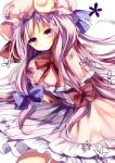  1girl capelet coat crescent dress hair_ribbon highres long_hair looking_at_viewer mob_cap open_clothes open_coat patchouli_knowledge purple_dress purple_hair ribbon solo striped striped_dress touhou tress_ribbon ukita_uuko very_long_hair violet_eyes 