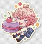  1boy :3 bag chibi chumumu fake_transparent_background food food_on_face free! macaron male miniboy multiple_boys necktie open_mouth pink_hair school_uniform shigino_kisumi short_hair smile solo violet_eyes 