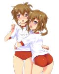  2girls :o ass blush brown_eyes brown_hair buruma cowboy_shot fang flying_sweatdrops folded_ponytail gym_uniform hair_ornament hairclip highres hug ikazuchi_(kantai_collection) inazuma_(kantai_collection) inuga_anahoru kantai_collection looking_at_viewer multiple_girls name_tag open_mouth simple_background white_background 