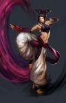  1girl abs baggy_pants barefoot black_hair detached_sleeves fighting_stance fingerless_gloves gg_(s2leona) gloves halter_top halterneck han_juri lowres midriff pants purple_legwear short_hair short_twintails solo standing_on_one_leg street_fighter street_fighter_iv super_street_fighter_iv tail toeless_socks toned twin twintails violet_eyes 