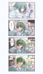  2girls 4koma =_= ^_^ alternate_costume bed blue_hair cirno closed_eyes comic daiyousei drooling green_hair highres ice ice_wings long_hair lying mimoto_(aszxdfcv) multiple_girls on_stomach open_mouth pajamas pillow short_hair smile sunrise touhou translated wings 