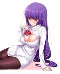  1girl akira_(natsumemo) arm_support blush breasts cleavage cleavage_cutout large_breasts long_hair lying nail_polish natsume_(pokemon) on_side open-chest_sweater pantyhose poke_ball pokemon pokemon_(game) pokemon_rgby purple_hair red_eyes ribbed_sweater solo sweater sweater_dress turtleneck 