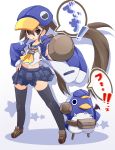  &gt;:o 1girl :o baseball_bat black_legwear blue_skirt brown_eyes brown_hair creature disgaea hand_on_hip hat jacket karukan_(monjya) kazamatsuri_fuuka loafers long_hair makai_senki_disgaea_4 pleated_skirt prinny school_uniform serafuku shoes skirt standing thigh-highs twintails white_background 