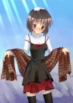  1girl brown_hair kanon misaka_shiori seiren_miraa shawl short_hair snow_on_head 