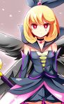  1girl blonde_hair bright_pupils choker expressionless gloves hair_ribbon happinesscharge_precure! highres popped_collar precure purple_background queen_mirage red_eyes ribbon shinekalta short_hair shorts solo 