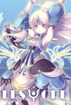  1girl armpits arms_up blue_background character_name copyright_name detached_sleeves dress elsword eve_(elsword) expressionless forehead_jewel long_hair solo twitter_username vilor white_hair yellow_eyes 