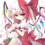  1girl bandages blonde_hair bow doll_hug dress flandre_scarlet hat hat_bow highres imari_yuka long_hair looking_at_viewer mob_cap puffy_short_sleeves puffy_sleeves red_dress red_eyes shirt short_sleeves side_ponytail slit_pupils solo stuffed_animal stuffed_toy teddy_bear tongue tongue_out touhou wings wrist_cuffs 