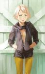  1girl bikini_top blonde_hair green_eyes hands_in_pocket looking_at_viewer nababa open_clothes open_shirt original pantyhose short_hair solo standing tongue tongue_out 