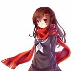  1girl akabane brown_hair hair_ornament hairclip kagerou_project long_hair looking_at_viewer pleated_skirt red_eyes scarf school_uniform serafuku simple_background skirt smile solo tateyama_ayano white_background 