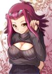  1girl adjusting_hair blush breast_hold breasts brown_eyes bust cleavage cleavage_cutout izayoi_aki kohatsuka long_hair looking_at_viewer open-chest_sweater redhead ribbed_sweater solo sweater turtleneck yuu-gi-ou yuu-gi-ou_5d&#039;s 