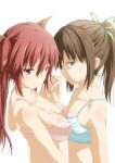  2girls absurdres anger_vein aqua_eyes asymmetrical_docking blush bra breast_press breasts brown_hair bust flat_chest hair_ribbon highres interlocked_fingers inu_(mezonsidepark) large_breasts long_hair multiple_girls original pink_bra red_eyes redhead ribbon striped striped_bra twintails underwear 