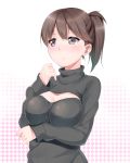  1girl blush breast_hold breasts brown_eyes brown_hair bust casual checkered checkered_background cleavage_cutout ginopi highres kaga_(kantai_collection) kantai_collection large_breasts long_sleeves looking_at_viewer open-chest_sweater ribbed_sweater side_ponytail solo sweater turtleneck 