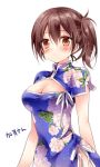  1girl blush breasts brown_eyes brown_hair china_dress chinese_clothes cleavage cleavage_cutout dress kaga_(kantai_collection) kantai_collection looking_at_viewer nogi_takayoshi short_hair short_sleeves side_ponytail side_slit white_background 