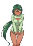  1girl blush cleavage_cutout dark_skin genderswap green_hair league_of_legends long_hair nam_(valckiry) open-chest_sweater personification ponytail renekton ribbed_sweater solo sweater sweater_dress turtleneck yellow_eyes 