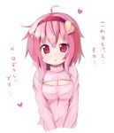 1girl ahoge blush breasts bust cleavage cleavage_cutout hairband heart highres komeiji_satori ominaeshi_(takenoko) open-chest_sweater open_mouth parted_lips pink_eyes pink_hair ribbed_sweater short_hair simple_background sketch solo sweater touhou translated turtleneck white_background 