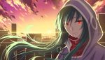 1girl akabane green_hair hooded_jacket kagerou_project kido_tsubomi long_hair looking_at_viewer red_eyes shade solo twilight wind 