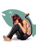  1girl :q animal_ears bangs barefoot bikini_top black_hair blunt_bangs cat_ears cat_tail denim gg_(s2leona) hair_down han_juri jeans kemonomimi_mode licking_lips long_hair nose pants prehensile_tail sitting solo street_fighter tail toes tongue tongue_out violet_eyes 