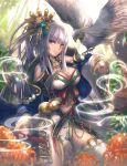  1girl bare_shoulders bird bird_on_hand breasts cleavage cowboy_shot feathers flower hair_ornament jewelry long_hair looking_at_viewer navel orange_eyes original shintou side_slit silver_hair solo sword thigh-highs thighs weapon 