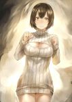  1girl blush breasts brown_hair cleavage cleavage_cutout cowboy_shot highres looking_at_viewer naked_sweater open-chest_sweater original ribbed_sweater ricci short_hair smile solo sweater sweater_dress turtleneck turtleneck_sweater 