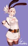  1girl alternate_costume animal_ears belt breasts cleavage cleavage_cutout cowboy_shot folded_ponytail hairband highres league_of_legends looking_at_viewer open-chest_sweater orange_eyes rabbit_ears riven_(league_of_legends) solo sweater sweater_dress white_hair 