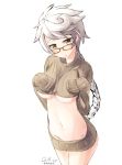  1girl 2014 alternate_costume bespectacled braid breasts glasses kantai_collection long_hair looking_at_viewer navel nekobaka simple_background single_braid sleeves_past_wrists solo twitter_username under_boob unryuu_(kantai_collection) white_background white_hair yellow-framed_glasses yellow_eyes 