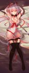  1girl absurdres arms_up breasts cleavage collar doomfest elbow_gloves garter_straps gloves grey_eyes highres long_hair lying ribbon senki_zesshou_symphogear silver_hair solo tagme thigh-highs yukine_chris 