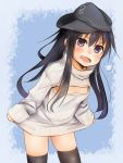  1girl akatsuki_(kantai_collection) akino_shuu cleavage_cutout hat highres kantai_collection long_hair open-chest_sweater open_mouth solo sweater thigh-highs turtleneck 