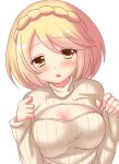 1girl blonde_hair blush braid breasts cleavage cleavage_cutout highres jubeat knit_(pop&#039;n_music) large_breasts looking_at_viewer open-chest_sweater pop&#039;n_music ribbed_sweater short_hair simple_background solo sweater turtleneck white_background yellow_eyes 
