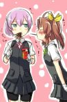  2girls ^_^ ahoge blue_eyes brown_hair closed_eyes engiyoshi kagerou_(kantai_collection) kantai_collection multiple_girls pleated_skirt pocky pocky_kiss ponytail purple_hair school_uniform shared_food shiranui_(kantai_collection) skirt twintails 