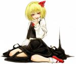  1girl :d blonde_hair cervus darkness hair_ribbon mary_janes open_mouth red_eyes ribbon rumia shirt shoes short_hair sitting skirt smile touhou vest 