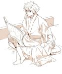  2boys barefoot blanket child emiya_kiritsugu emiya_shirou fate/stay_night fate/zero fate_(series) father_and_son indian_style japanese_clothes monochrome multiple_boys newspaper petting reading short_hair sitting sleeping tam_(cuq) younger 