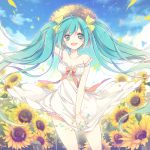  1girl :d ahoge arm_up blush bow breasts cleavage clouds covering covering_crotch dress floating_hair flower green_eyes green_hair hair_ribbon hat hatsune_miku jonejung long_hair looking_at_viewer nail_polish open_mouth outdoors petals ribbon sky smile solo strap_slip straw_hat sunflower twintails very_long_hair vocaloid white_dress wind 