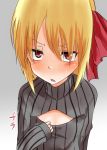 1girl blonde_hair blush bow cleavage_cutout hair_bow open-chest_sweater red_eyes ribbed_sweater rumia solo sweatdrop sweater takorice touhou 