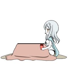  1girl cape comic eating kantai_collection kotatsu long_hair monochrome pocky roshiakouji-chan shinkaisei-kan silent_comic silver_hair solo ta-class_battleship table white_skin yellow_eyes 