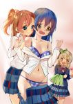  3girls blazer blood blue_eyes blue_hair bow bra breasts brown_eyes brown_hair cleavage hair_bow hair_ribbon highres kousaka_honoka long_hair love_live!_school_idol_project minami_kotori multiple_girls navel nosebleed open_mouth panties plaid plaid_bra plaid_panties plaid_skirt pleated_skirt ribbon school_uniform short_hair shovelwall side_ponytail skirt smile sonoda_umi underwear undressing yellow_eyes 