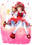  1girl :d blush bow brown_hair card cardcaptor_sakura clow_card feathers fuuin_no_tsue gloves green_eyes haruka_natsuki hat highres kero kinomoto_sakura magical_girl open_mouth pantyhose petals short_hair skirt smile solo wand white_gloves white_legwear wings 