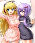  2girls arm_around_waist arm_up blonde_hair blue_eyes blush breasts bug_(artist) cleavage cleavage_cutout cowboy_shot flat_chest hair_ornament headphones large_breasts long_hair low_twintails multiple_girls open-chest_sweater purple_hair ribbed_sweater sweater tsurumaki_maki turtleneck twintails v very_long_hair violet_eyes vocaloid voiceroid yuzuki_yukari 