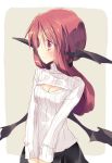  1girl alternate_costume bat_wings blush breasts cleavage cleavage_cutout head_wings koakuma long_hair open-chest_sweater red_eyes redhead ribbed_sweater satou_kibi simple_background small_breasts solo sweater touhou turtleneck wings 