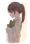  1girl blue_eyes bow bowtie brown_hair from_side long_hair original ponytail profile school_uniform see-through shirt short_sleeves simple_background solo tuuuh 