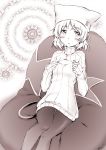  1girl blush cat_tail cleavage_cutout greyscale hat masana_hatuse monochrome open-chest_sweater pantyhose pillow_hat ribbed_sweater sanya_v_litvyak short_hair sitting sleeves_past_wrists solo strike_witches sweater tail turtleneck 