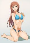  1girl barefoot bikini breasts brown_hair cleavage feet green_eyes gundam gundam_build_fighters gundam_build_fighters_try highres kamiki_mirai large_breasts long_hair navel parted_lips sitting smile solo strap_gap swimsuit wariza yuugiri 