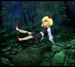  1girl blonde_hair cervus forest hair_ribbon mary_janes nature red_eyes ribbon rumia shirt shoes short_hair skirt touhou vest 