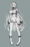  1girl boots breasts claws detached_sleeves full_body gauntlets grey_background high_collar horn kantai_collection large_breasts legs long_hair miso_dengaku_(donadonaton) monochrome pale_skin pigeon-toed seaport_hime simple_background solo standing sweater_dress very_long_hair white_hair 