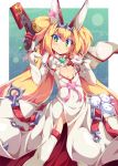  1girl :&gt; blazblue blonde_hair blush cleavage_cutout company_connection cosplay elphelt_valentine elphelt_valentine_(cosplay) flat_chest garter_straps green_eyes guilty_gear guilty_gear_xrd gun hand_on_own_chest heart heart-shaped_pupils ishii666 long_hair no_panties platinum_the_trinity short_eyebrows solo spiked_hairband spikes sweatdrop symbol-shaped_pupils thigh-highs very_long_hair weapon white_legwear 