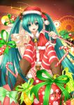  1girl :d akabane bell boots bow box candy candy_cane dated gift gift_box hair_bow hair_ribbon hat hatsune_miku highres holding long_hair looking_at_viewer open_mouth ribbon santa_costume santa_hat signature sitting smile solo striped striped_legwear thigh-highs very_long_hair vocaloid zettai_ryouiki 