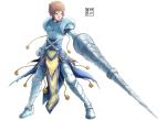  1boy armor brown_hair eudetenis full_armor full_body gauntlets greaves green_eyes lance male polearm project_ap short_hair shoulder_pads simple_background solo tassel weapon white_background 