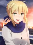  1girl ahoge blonde_hair bust face fate/stay_night fate_(series) green_eyes hair_ribbon jpeg_artifacts looking_at_viewer open_mouth prime ribbon saber scarf short_hair solo sunset winter_clothes winter_coat 